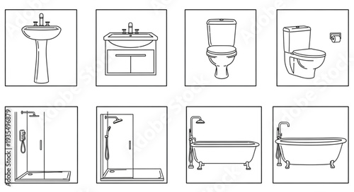 Collection of bathroom fixtures line art illustrations.