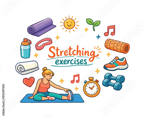 Stretching exercises. Hand drawn illustration of Stretching exercises. yoga mat, stretching person, water
