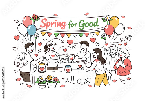 Charity Spring Event. A lively outdoor booth decorated with flowers and balloons, volunteers handing donation