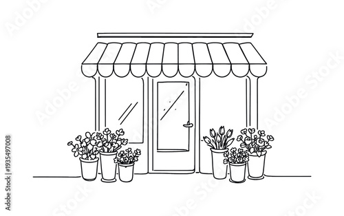 Small boutique shop exterior line art illustration with striped awning and decorative potted plants