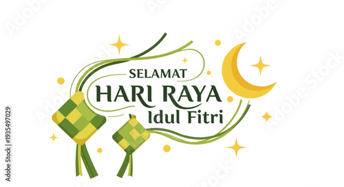 An inviting flat design illustration showcases "Selamat Hari Raya Idul Fitri" typography alongside stylized ketupat and lantern, embodying the cultural essence of the celebration. 