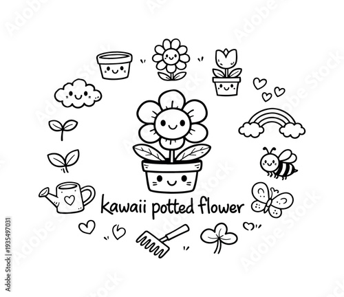 Kawaii plant and flower character wreath illustration with cute smiling botanical elements and playful accents