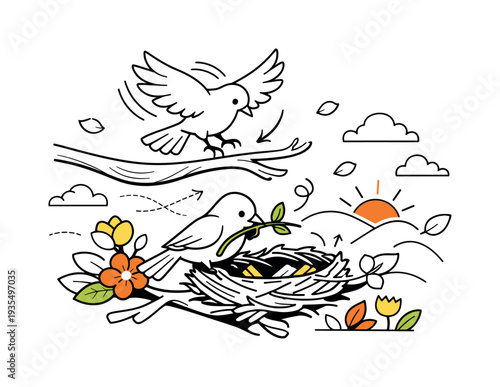 Spring Nesting Scene. Creating a Home in Bloom. A dynamic moment of one bird landing softly on a branch while