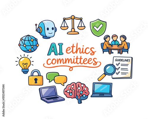 AI ethics committees. Hand drawn illustration of AI ethics committees. robot head icon, balance scales, shield
