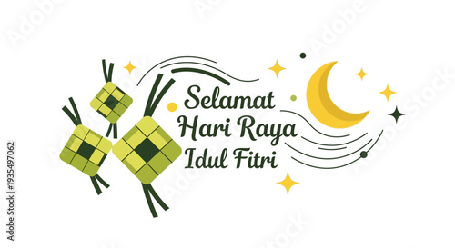 An inviting flat design illustration showcases "Selamat Hari Raya Idul Fitri" typography alongside stylized ketupat and lantern, embodying the cultural essence of the celebration. 