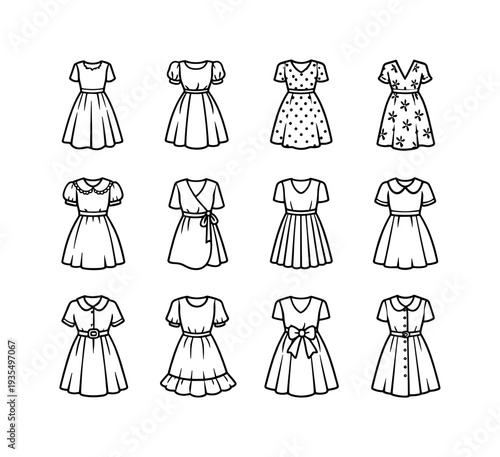 vintage dresses spring collage. Line outline icon set of vintage dresses spring collage: tea length dress,