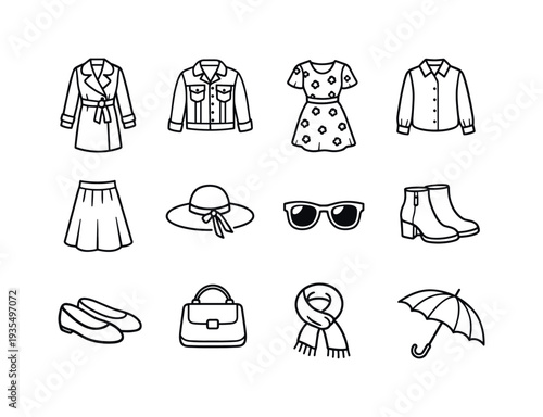 spring wardrobe collage. Line outline icon set of spring wardrobe collage: trench coat, denim jacket, floral