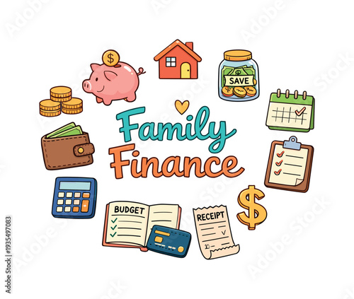 Family finance planning illustration with budget, savings, piggy bank and money management themed elements