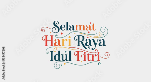 An artistic flat design illustration showcases "Selamat Hari Raya Idul Fitri" typography beautifully embellished with elegant flowing swirls and decorative dots. 