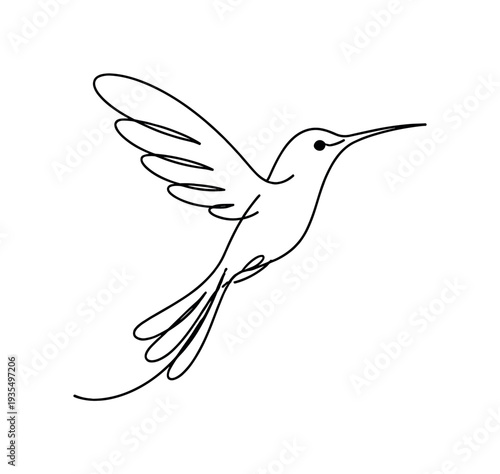 "Elegant Nectar Bird". Minimalistic one-line drawing small hummingbird captured in dynamic hover pose with