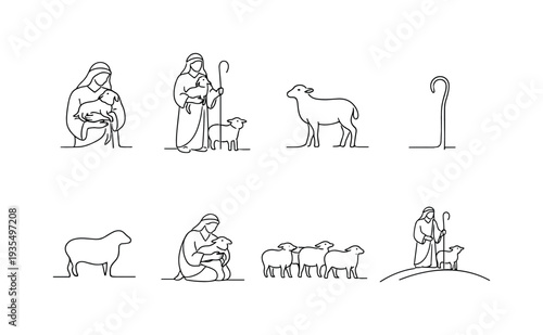 "Shepherd with Lamb". Minimalistic set one-line drawing shepherd holding lamb in arms, shepherd with staff and