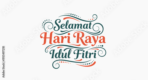 An artistic flat design illustration showcases "Selamat Hari Raya Idul Fitri" typography beautifully embellished with elegant flowing swirls and decorative dots. 