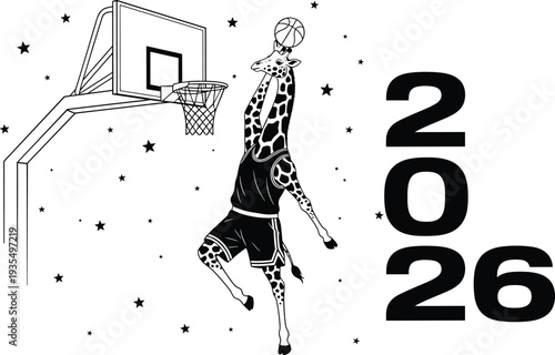 Giraffe wearing basketball jersey dunks ball into hoop with stars and 2026 shorts