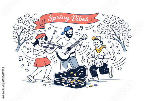 Street Musicians Spring. A small group of street performers playing guitar and violin under blooming trees,