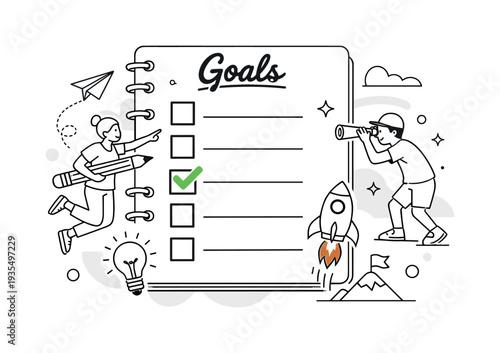 Checklist notebook scene. A stylized notebook page with bold checkboxes and short lines, one box marked with a