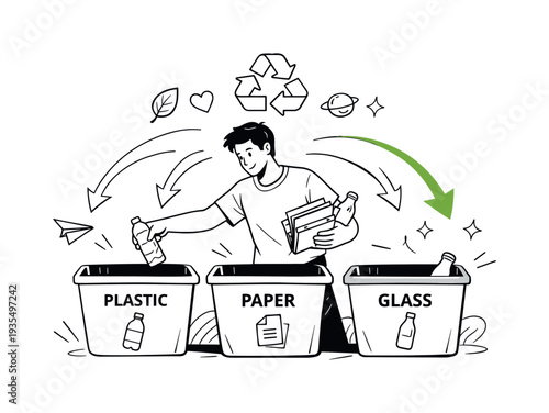 Sorting Waste for Recycling. A focused character standing beside three clearly labeled bins, carefully placing