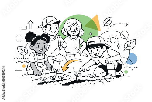 Kids Growing Together. Students smiling proudly beside freshly planted rows, one child pointing at a small