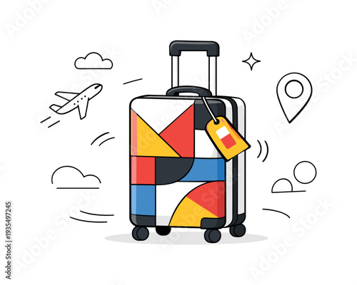 Travel suitcase ready to go. A bold geometric suitcase standing upright, handle extended, luggage tag swinging