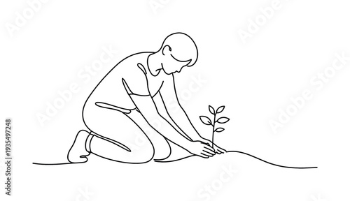Planting Hope. "Volunteer Planting". Minimalistic one-line drawing person kneeling and planting small sapling