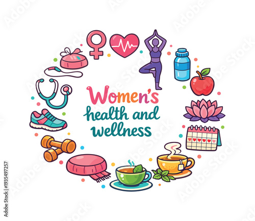 Womens health and wellness illustration featuring fitness, self care and healthy lifestyle themed decorative elements
