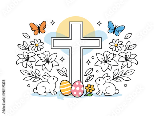 Spring greeting card design. Centered Easter cross framed with symmetrical flowers and soft greenery, balanced