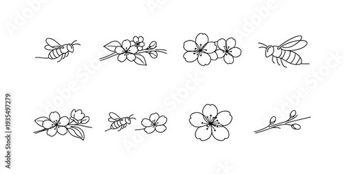 "Bees Around Apple Blossoms". Minimalistic set one-line drawing bee in flight near blossom, apple tree branch