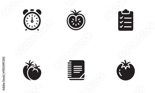 A collection of six diverse vector icons featuring an alarm clock a halved tomato a checklist clipboard two ripe tomatoes a notebook and a single whole tomato