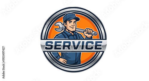 Mechanic holding a wrench with service text emblem.