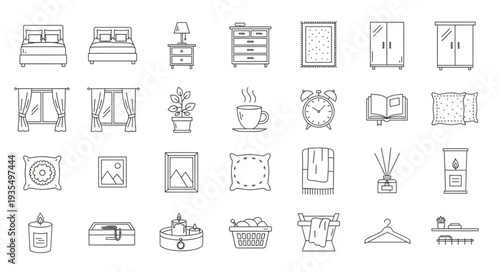 Collection of hand-drawn furniture and home decor icons.