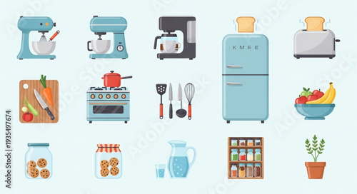 Collection of kitchen appliances and utensils for cooking.