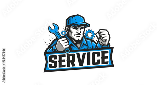 Mechanic holding wrench and gear with service text.