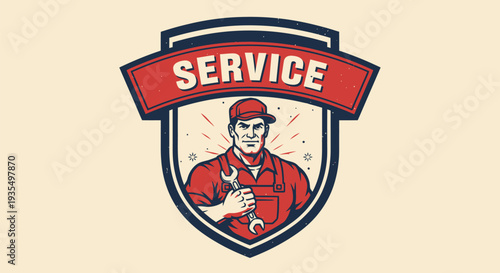 Mechanic holding wrench in service emblem logo.