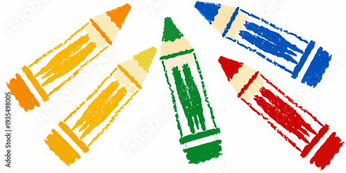 Colorful crayon sketches arranged diagonally on a white background