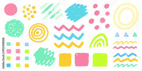 Colorful crayon scribbles and shapes arranged on a white background
