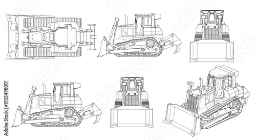 Bulldozer Construction Machine AutoCAD Blueprint Vector – Multi View Industrial Technical Drawing