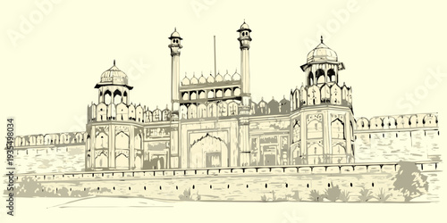 Detailed illustration of the red fort a historic landmark in india