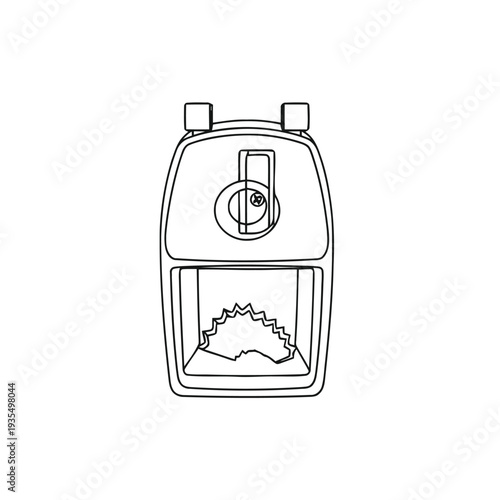 Top-down view illustration shows a manual pencil sharpener device featuring the visible grinding mechanism and securing clamps above the opening.