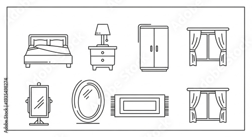 Collection of bedroom furniture and decor line art icons.