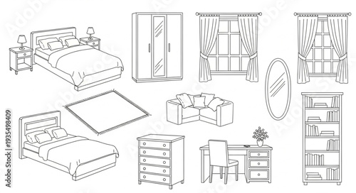 Collection of hand-drawn bedroom furniture and decor elements.