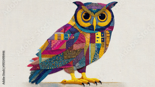 Great Horned Owl Colorful Geometric Mosaic Pattern Folk Art Illustration Tribal Design Print