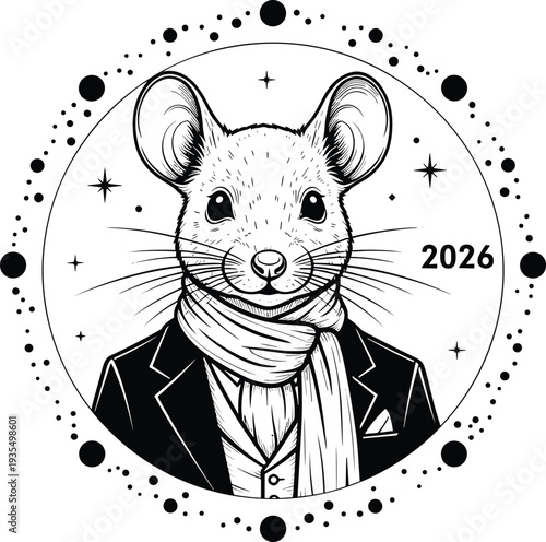Mouse in suit and scarf with stars and dots rodent black and white cartoon