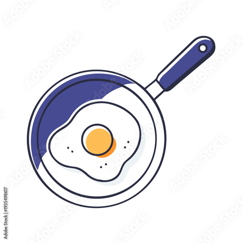 Egg frying in pan with blue handle and white background - Concept of cooking food  