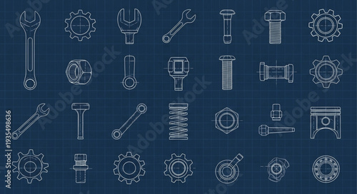 Collection of vintage mechanical gears and cogs in white outline.