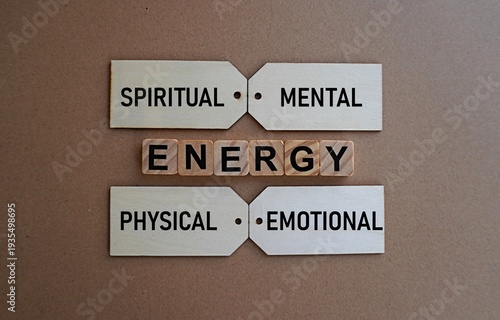 Energy word arrangement and spiritual mental physical emotional printed wooden pieces, health concept, self-fitness by maintaining inner strength