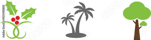 Flat vector illustration set of colorful spring flowers and festive green holly leaves with red berries for holiday and seasonal branding