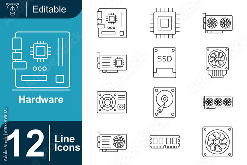 Computer Hardware Line Icons Set - Motherboard, CPU, GPU, SSD, RAM, Hard Drive, Power Supply, and Fans for Tech and Gaming