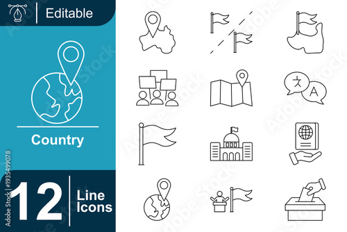 Country map location pins and flags illustration for travel, geography, and global business concepts with voting and passport icons