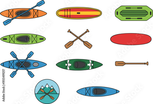 Flat vector set of kayaking and water sports equipment featuring colorful single-seat kayaks paddles and an inflatable life raft