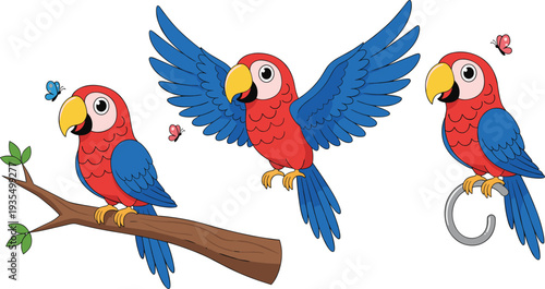 Flat vector set of red and blue macaws featuring a parrot in flight one perched on a wooden branch and one on a metal ring