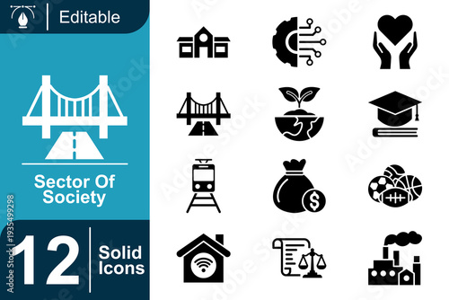 Collection of 12 solid icons representing different sectors of society including finance, education, travel, and industry, suitable for presentations and infographics